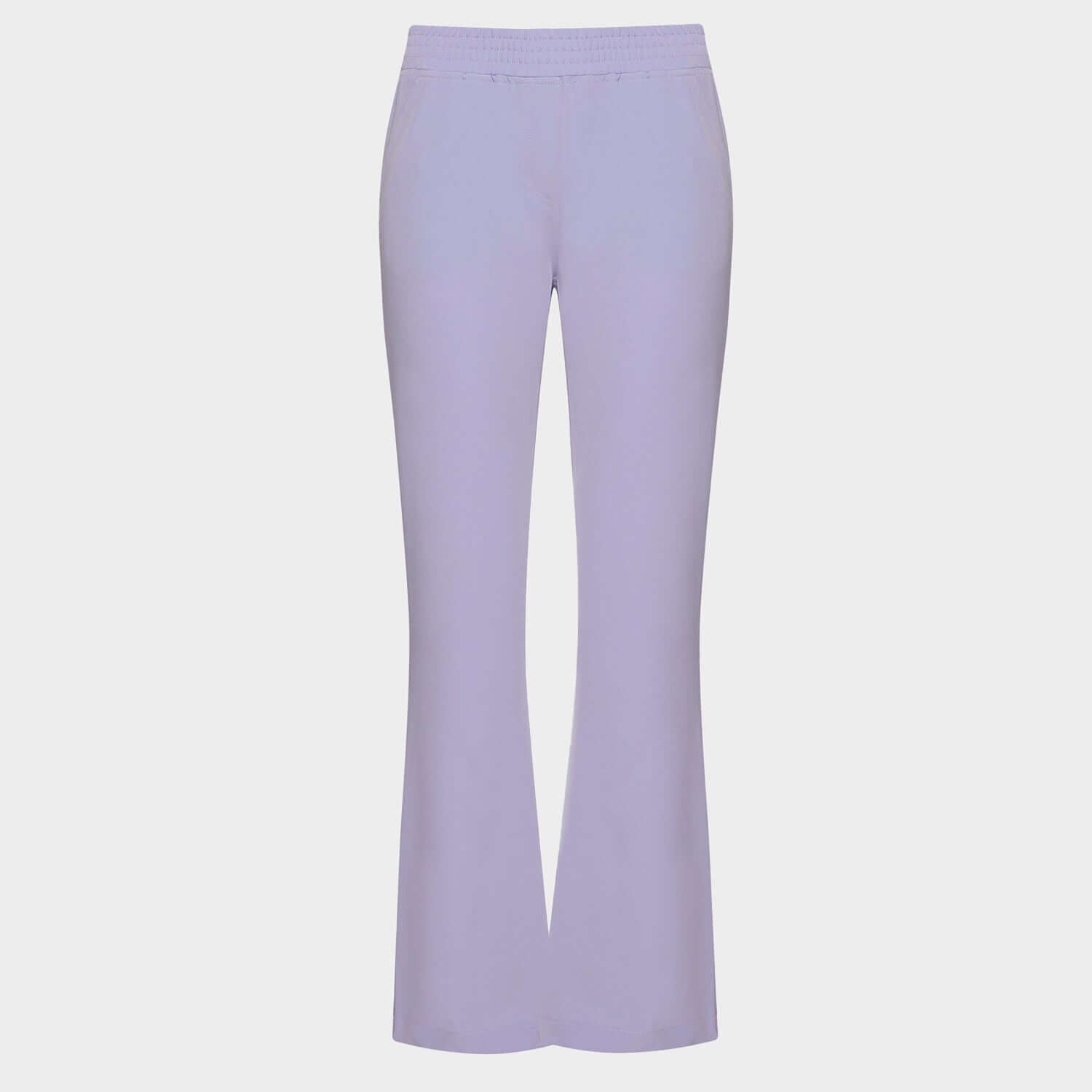 Spodnie medyczne damskie flare w kolorze Soft Lilac - dopasowane w biodrach, rozszerzane od kolana - Vena Uniformy